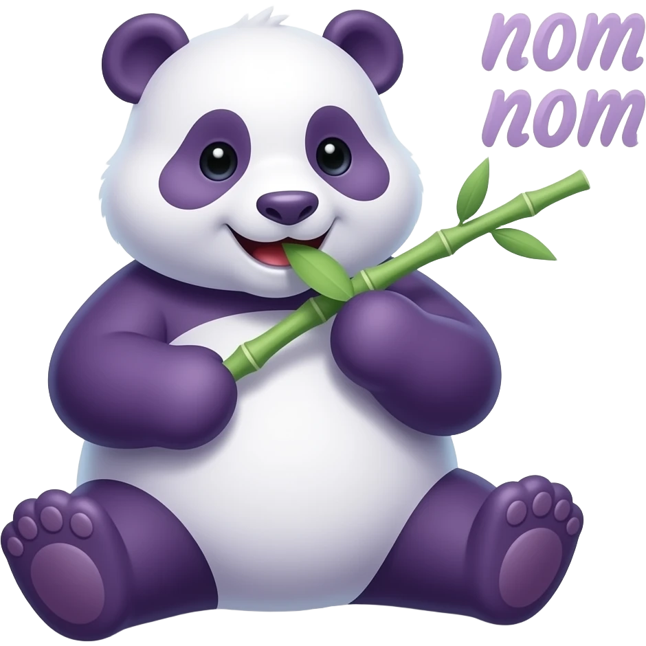 A chubby purple panda happily crunching on a bamboo leaf with "nom nom" text in a playful font floating nearby. Simple 2D illustration, expressive happy eyes, bright colors, high-quality sticker design. emoji