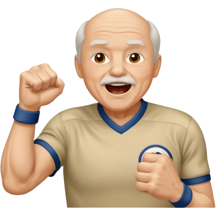 A grandpa in a vintage jersey, pumping his fist and shouting proudly. emoji