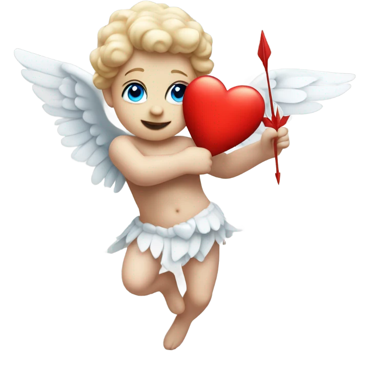Realistic Photo of flying pale cupid with blue eyes and red heart arrow  emoji