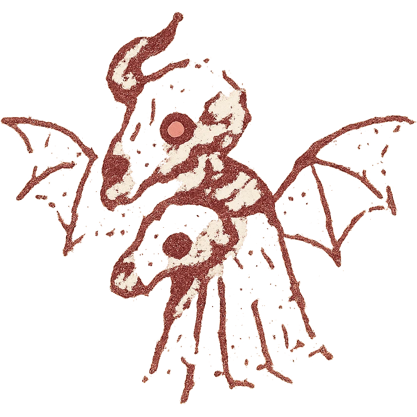 maximum deterioration: a barely-there red line drawing of hybrid creature with minotaur skull with a broken horn and one glowing red eye, stoat skull with a cape, and moth wings, with most of the perimeter completely missing, extreme fragmentation, massive gaps, severely eroded to near non-existence, only the faintest suggestion of the creature remains, like ancient damaged artifact at final stage of decay emoji