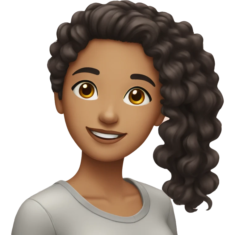 young woman with black curly hair, brown eyes, smiling  emoji