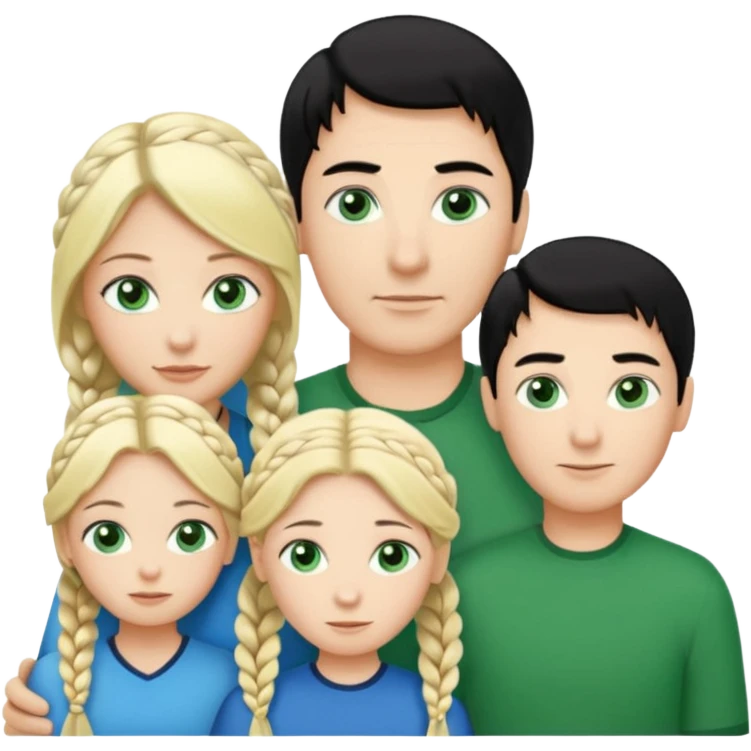 familia hombre de pelo negro con un mechon blanco de piel blanca ojos verdes, esposa de rubia con una trenza y ojos azules, hija rubia de ojos verdes y hijo pelinegro con ojos verdes emoji
