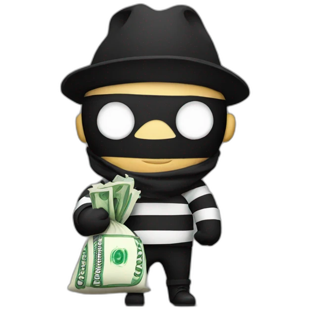 a bandit in striped clothes and a black mask over his eyes, carries a bag of money behind his back emoji