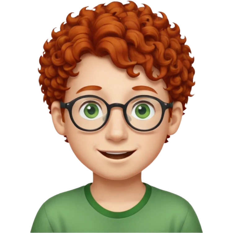 redhead kid with unique face features and very curly hair kid boy happy and big glassess and big nose and very green eyes emoji