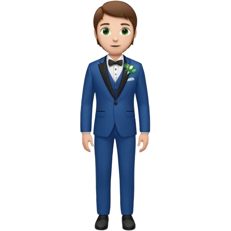 Chico blanco, pelo castaño, ojos verdes, traje boda azul y flor solapa , cuerpo entero emoji