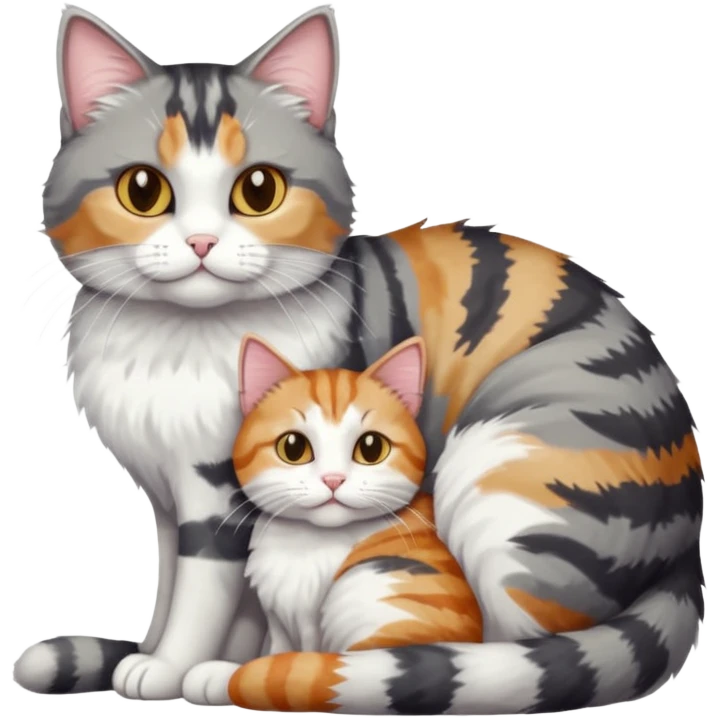full body colourful light patched calico + white tabby cat cuddling a big grey and white tabby cat  emoji