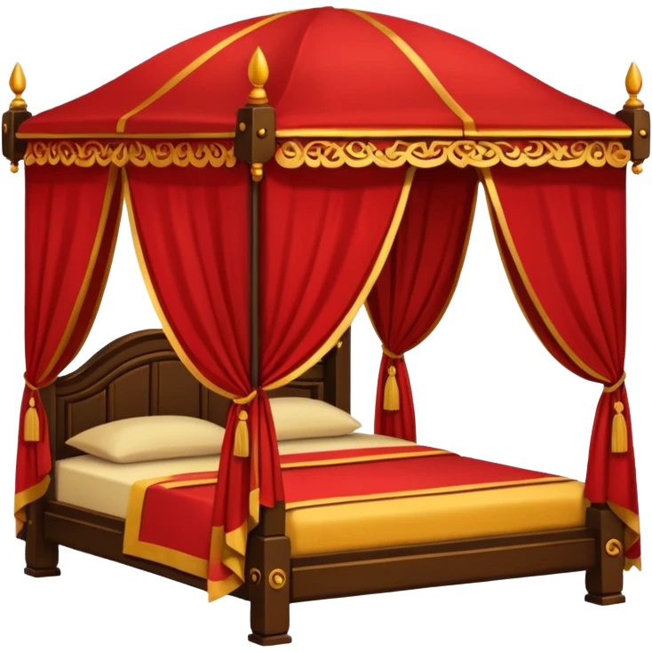 bed with red and gold sheets, wooden, canopy, simple, dark emoji