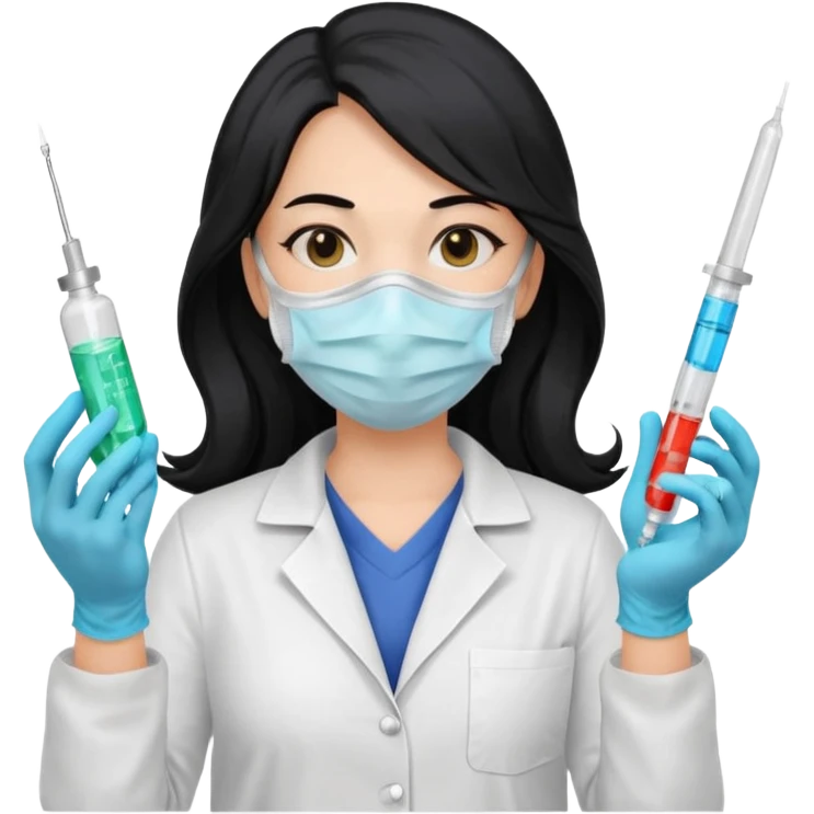 laboratorista con guantes  y mascarilla jeringa tubos  pelo negro largo triguella emoji