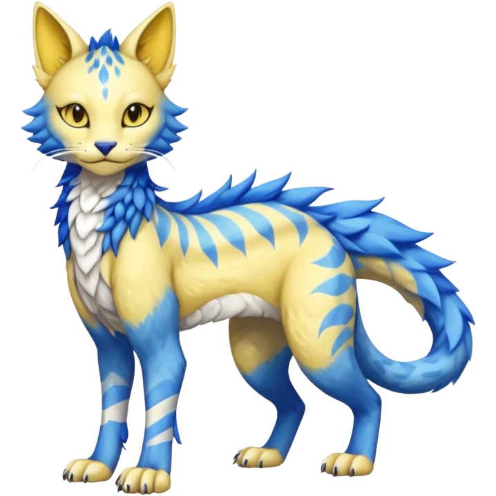 Kawaii yellow and blue beautiful pretty elegant divine edgy fantasy feline-vernid-sergal-fursona animal creature with a tufted tail full body with intricate markings  emoji