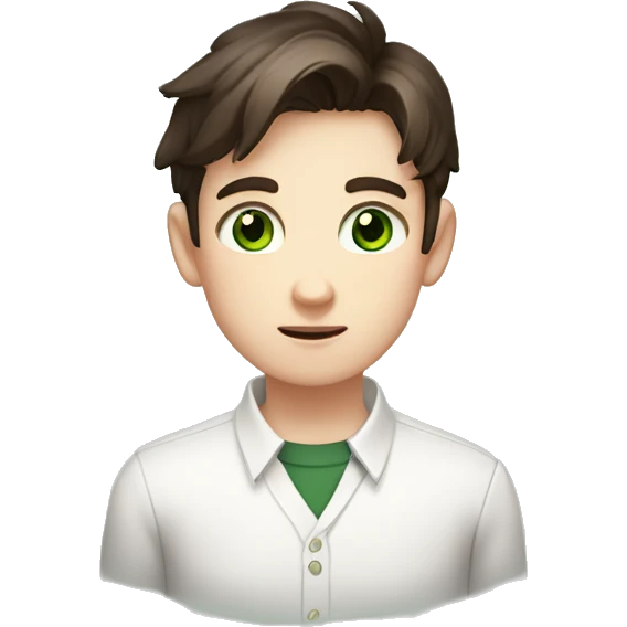 Boy, pale skin, dark green eyes, brunet, white collared shirt, blushing, nervous, hands emoji