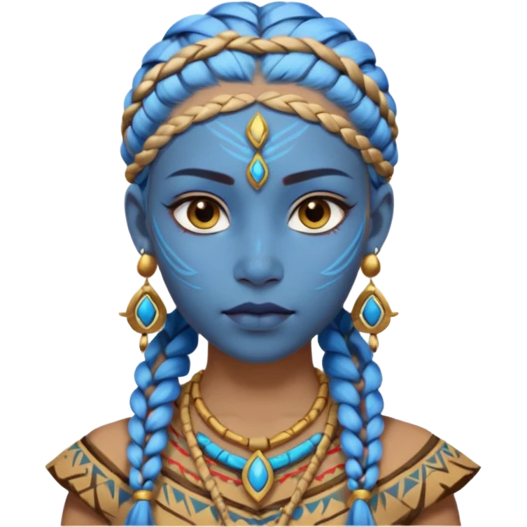 Draw a Na’vi female with glowing blue skin, white forehead markings, braided hair, gold earrings & a calm gaze. emoji