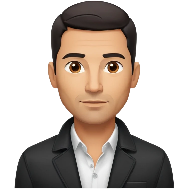 Handsome athletic Hispanic man in his late 40s with tan complexion, short black hair with defined fade haircut, light stubble/scruff on face, square masculine face with defined jawline, neutral-friendly TV presenter expression, open black jacket with white shirt emoji