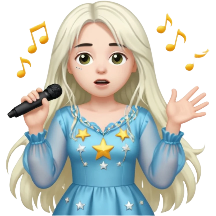 billie eilish is singing, 2 hands holding mirco and twinkle dresss, white long hair emoji