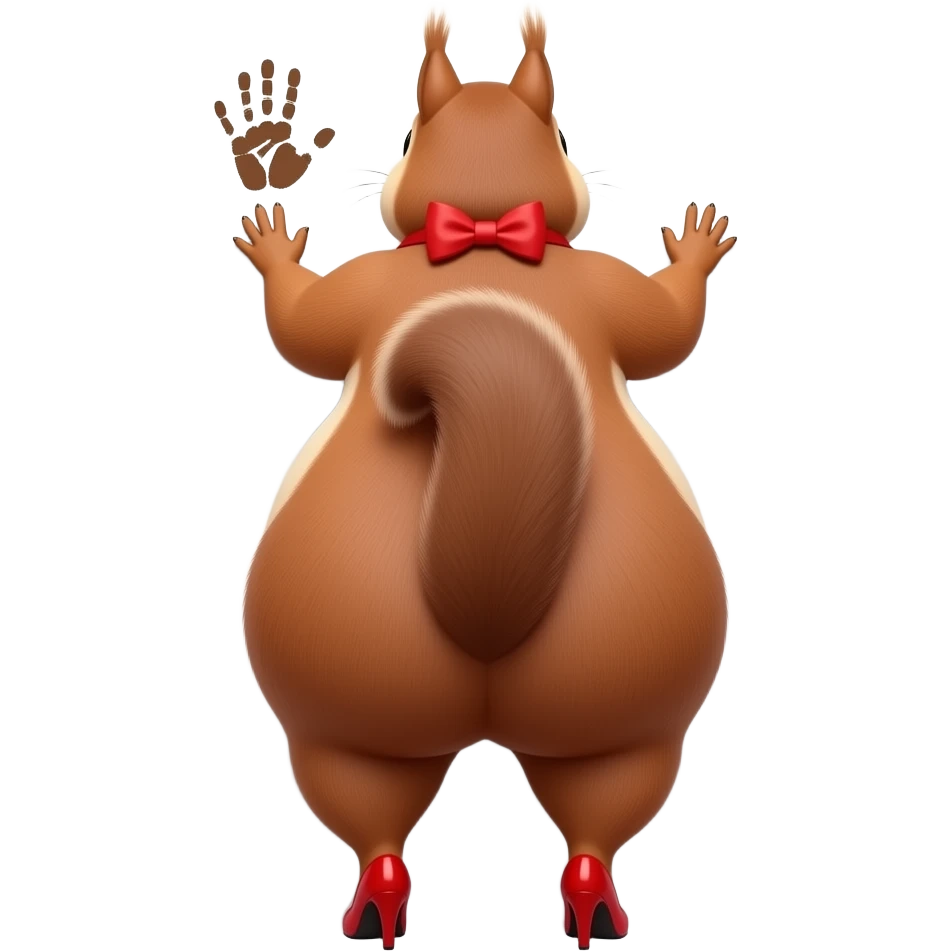 A tall really extremely obese big booty bbl squirrel showing back its big thighs and buttocks while putting her hands behind the wall and it has a brown colored hand print on her left buttocks and it with a red bow tie on her head wearing red heels emoji