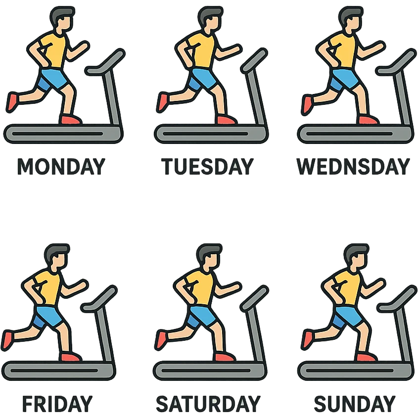 A picture is into seven parts showing a sportsman runnig on the treadmill. In each little picture there is a name of the days of the week, from monday to sunday emoji