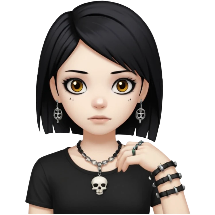 vkei styled black hair, pale skin, brown eyes with eyeliner (emo looking) and black shirt with skull and punk bracelets emoji