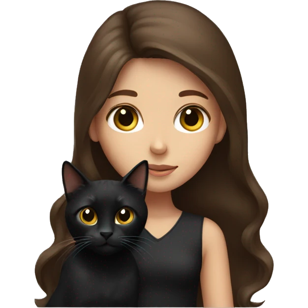 Girl with long brown hair holding a black cat emoji