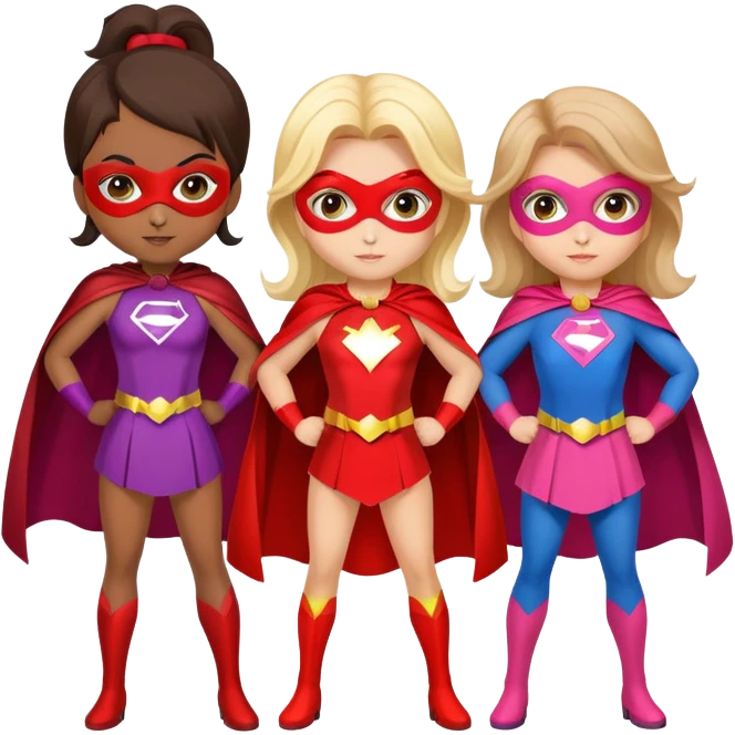 three superhero girls with capes and masks in different colors emoji