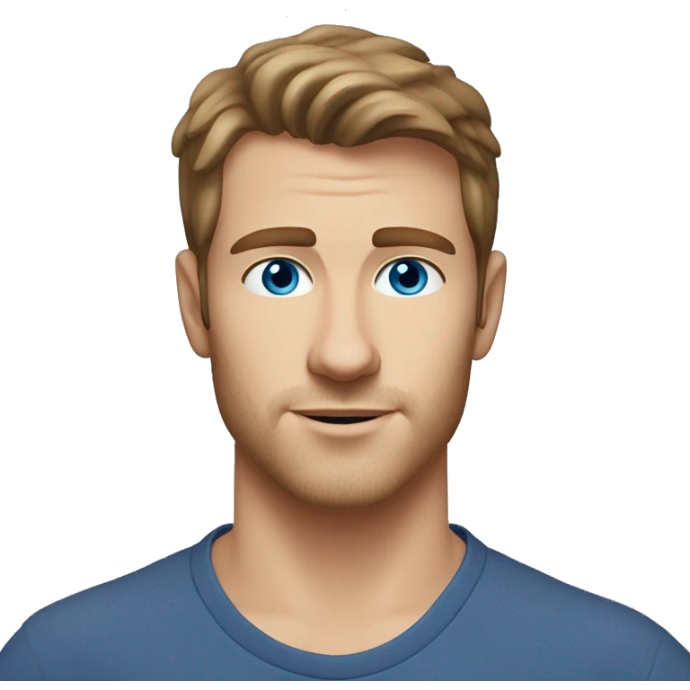 A head and shoulders shot of a 25 year old Caucasian man, with short brown hair, with stubble facial hair,   with blue eyes wearing a t-shirt. emoji