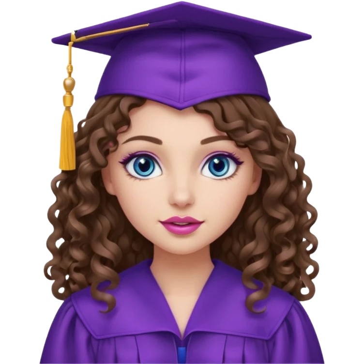 girl with curly and long wavy brown hair, blue eyes, long lashes makeup, sexy pink lips, wearing a purple graduation cap and gown emoji