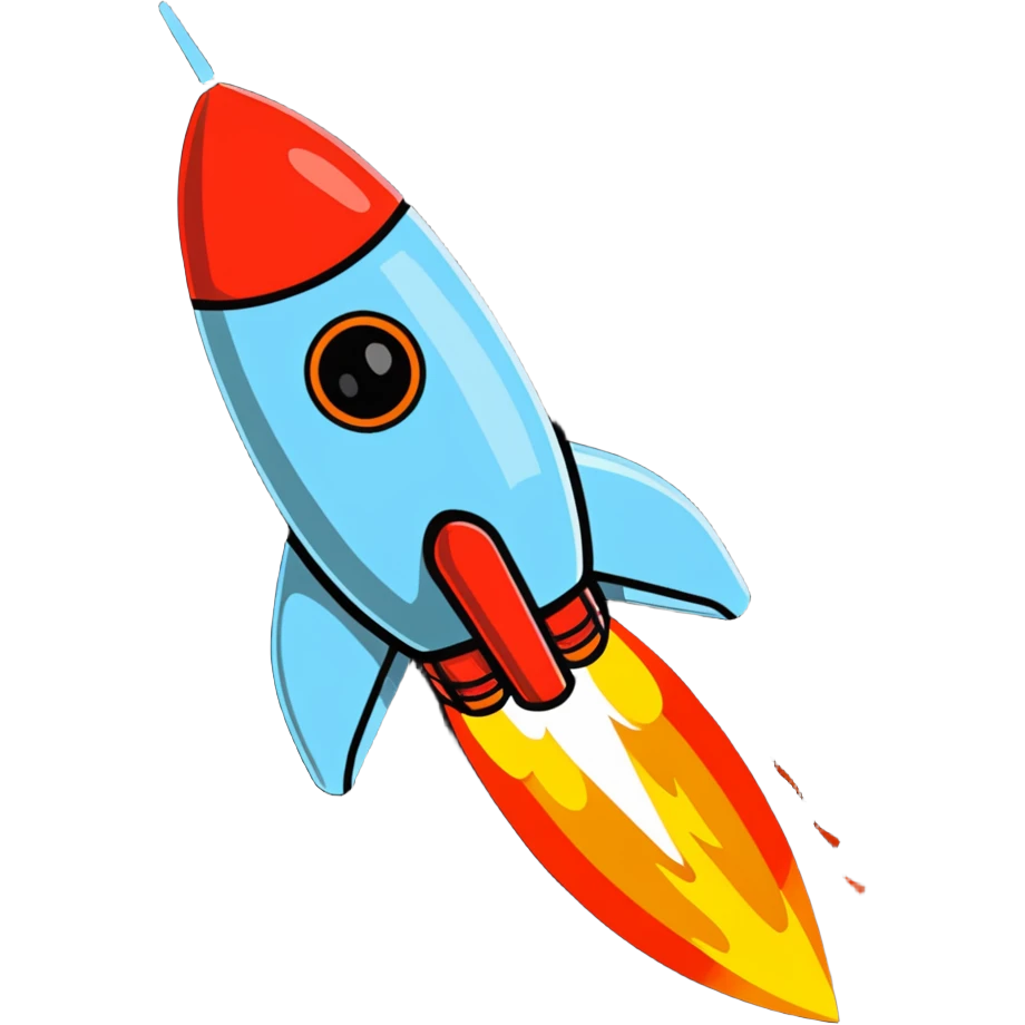 Mini spaceship blasting off with fire emoji
