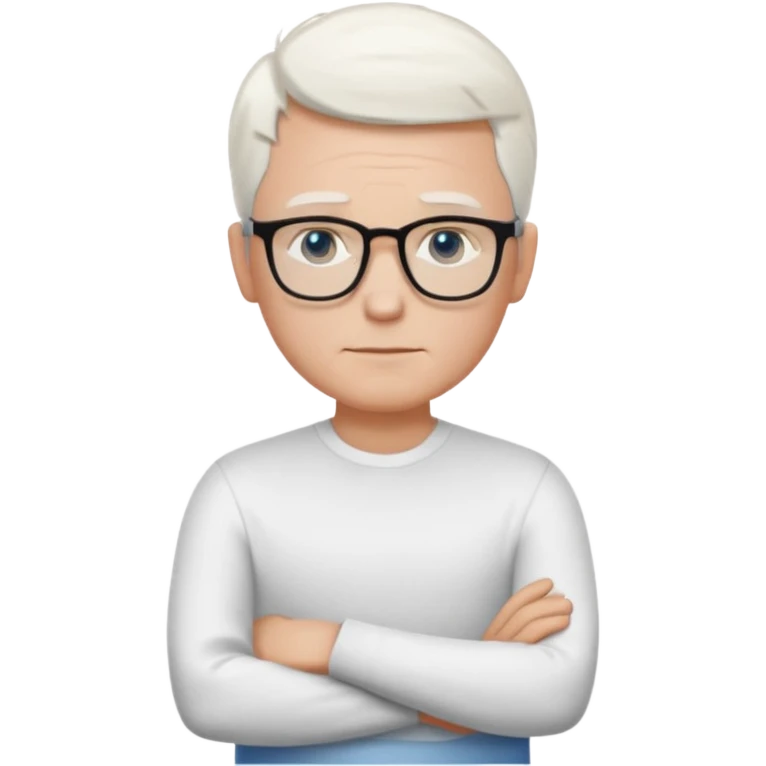 Thin white man, short white hair, black thin square glasses, white shirt, blue eyes, ceo - no tie - arms folded- stood right emoji