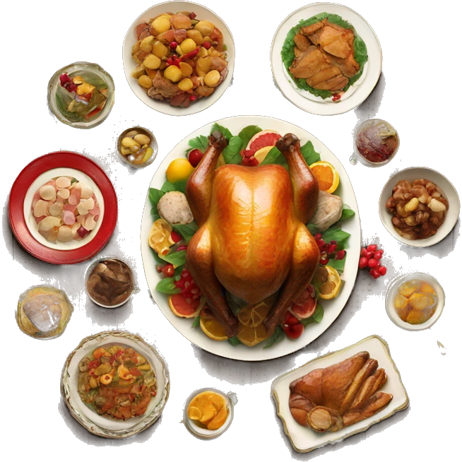 vintage wooden table with christmas feast of turkey and foods emoji