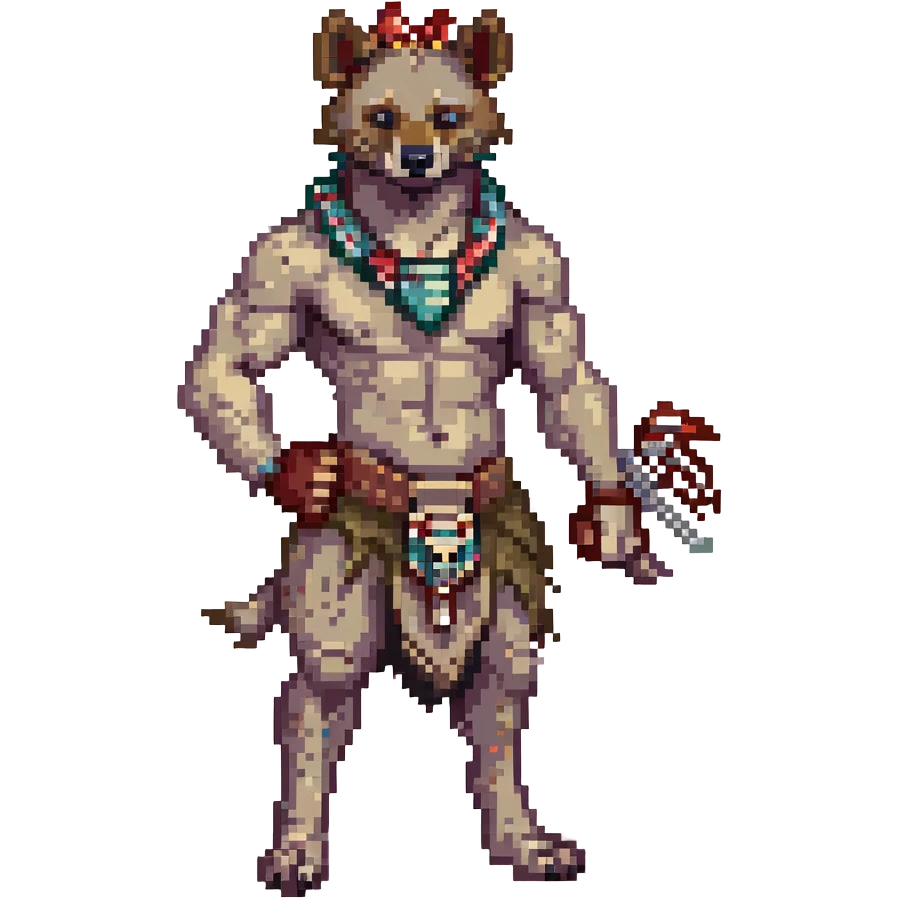 A native strong buff hyena with war bonnet flexing posing full body holding a chopped off human head by the hair  emoji