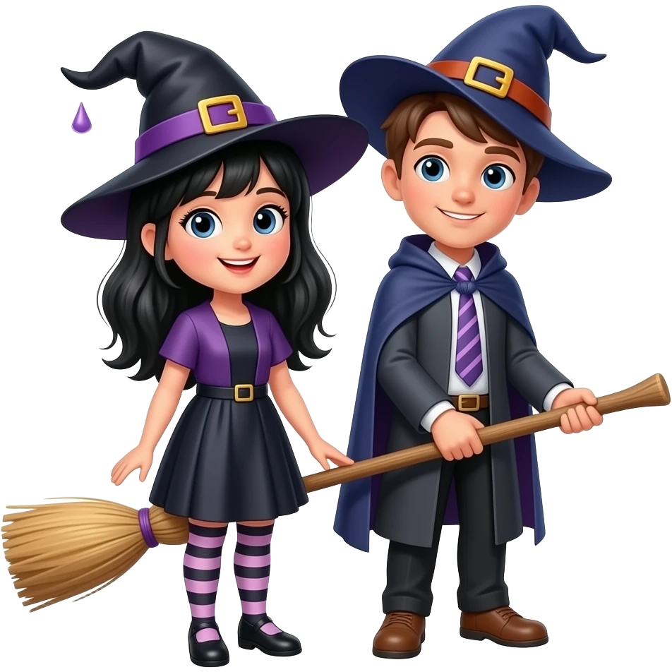 make the girl have black hair A young witch and a young wizard on a broom together emoji