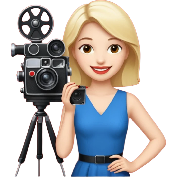 an actress standing on a red carpet, smiling, with a film camera next to her. emoji