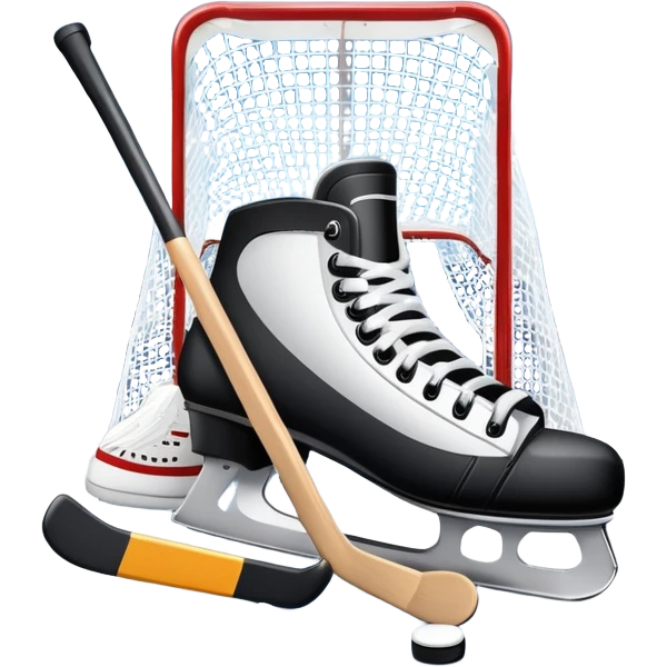 An icon showing a close-up of a hockey stick, puck, skates, and hockey net placed on the ice. The background features a packed stadium with bright lights, cheering fans, and snowy scenery outside. Transparent background highlights the key elements of the game. emoji