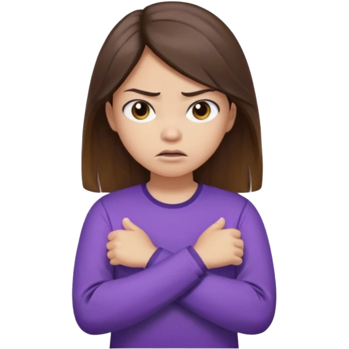 Angry Pouty girl with small asian eyes folding arms in a purple longsleeve shirt she has fair skin and long length brown hair with highlights emoji