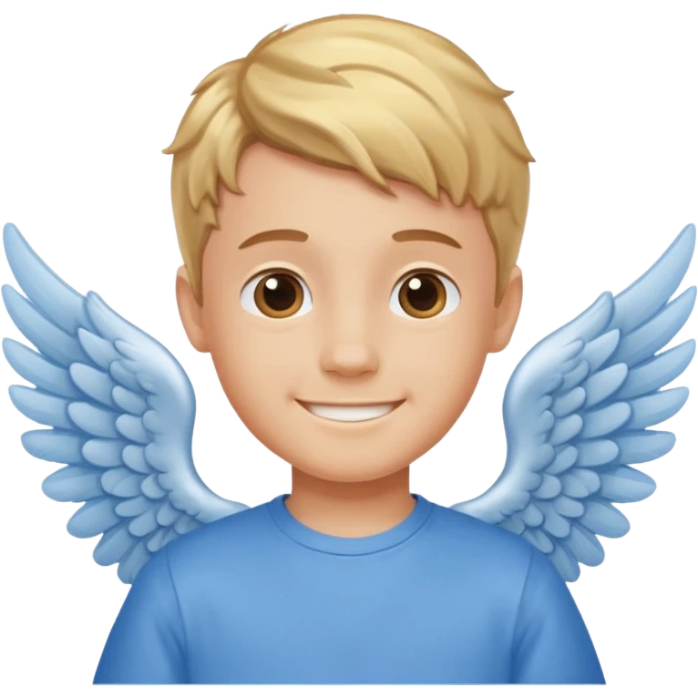 smiling boy in blue shirt with angel wings emoji