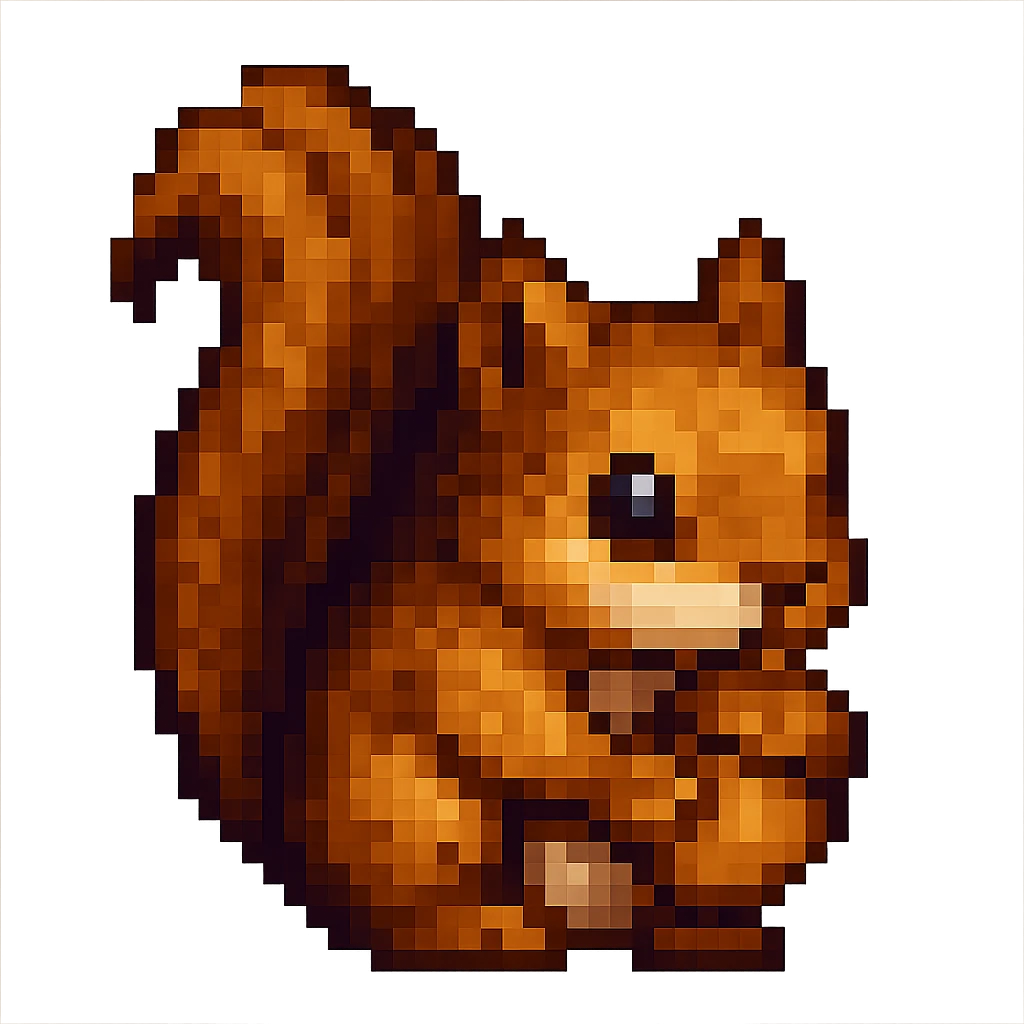 A baby squirrel holding an acorn in pixel art style with transparent background. Please maintain the pixel art style look. emoji