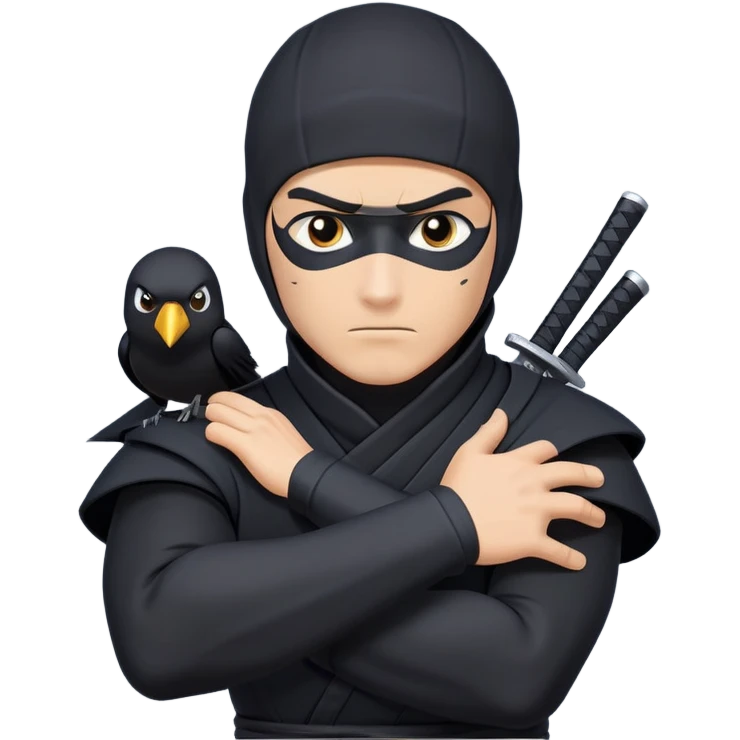 clash-of-clans-aesthetic_-cinematic-mysterious-male-ninja-portrait-emoji, rendered in a flat, vector-style with minimal shading and bold, simplified shapes, his arm is stretched out  with a head slightly turned revealing intense, focused eyes. the ninja has his arm out and perched on top of his forearm is  a black crow emoji