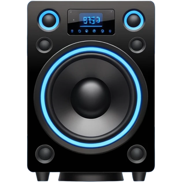 Vector style emoji, large subwoofer speaker with visible vibrating sound waves, electric blue lightning bolts popping out, flat design, bold outlines, white background. emoji