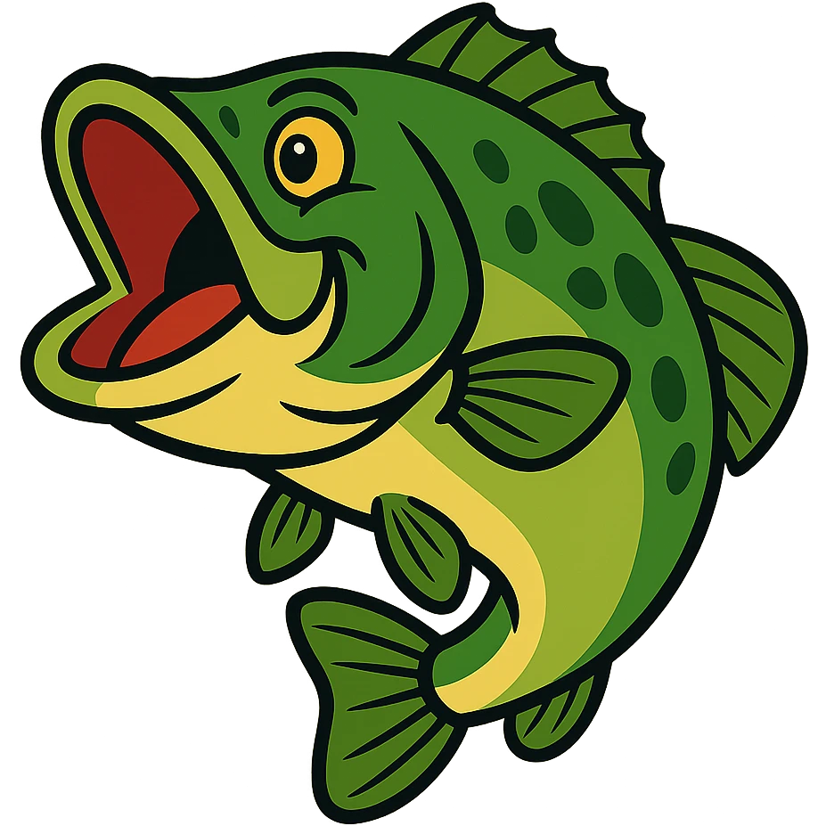 largemouth bass, stylized cartoon, big mouth, vibrant green, playful expression emoji