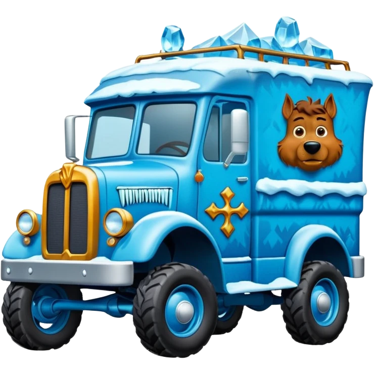 The Flintstones shiny crushed-dark-ice-blue crystal frozen Scooby Doo 1912 antique long-wheelbase cab over off-road low rider moving truck  emoji