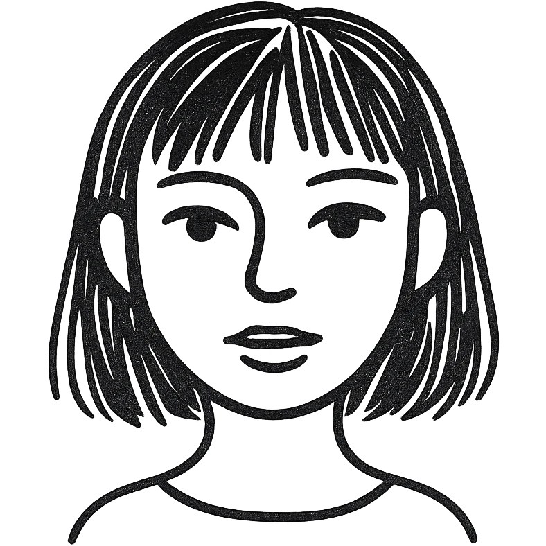 portrait of a girl with black shoulder-length hair, bangs, black almond-shaped eyes, full lips, and straight nose, hand drawn style emoji
