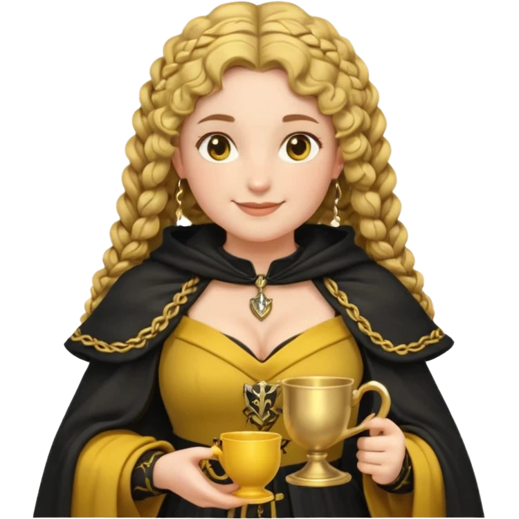 Helga Hufflepuff, 2 curly thick brown braids, yellow-black medieval dress, black cloak decorated with gold braiding, tiny two-handled shiny yellow-gold cup, very kind smile, curvy busty sweet woman, thick rosy cheeks emoji