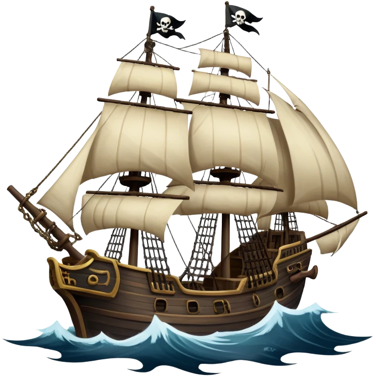 An icon representing an adventure game, inspired by high-seas exploration. The design features a fearless pirate gripping the wheel of a grand sailing ship, its tattered Jolly Roger flag billowing as it cuts through stormy waters. The scene evokes danger, treasure, and the thrill of the open sea. Transparent background. emoji