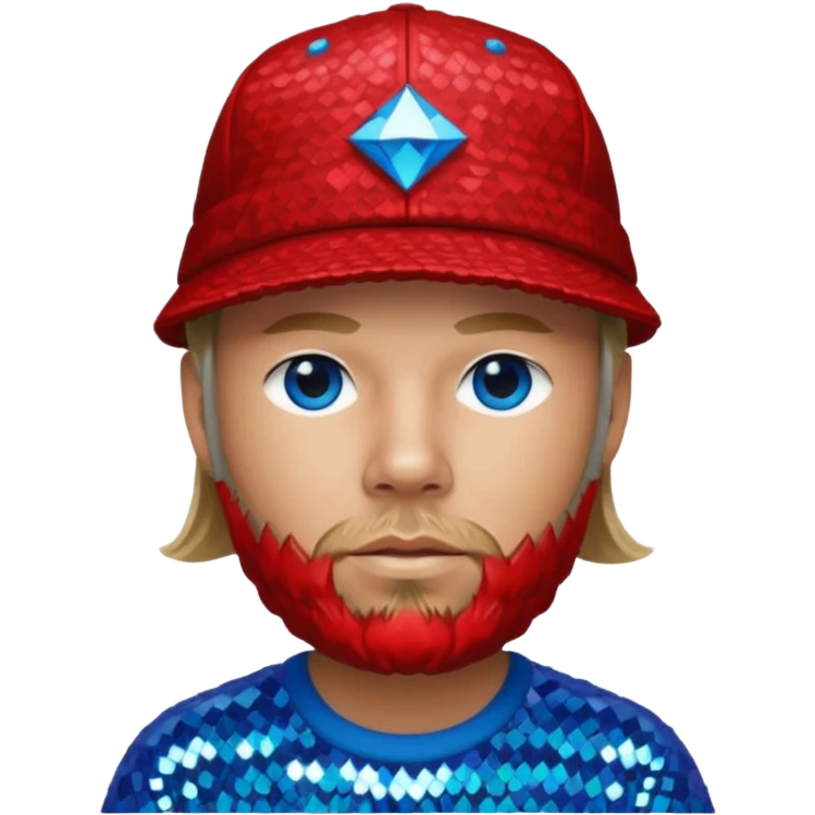 Fred Durst with long dark blonde hair, red sequin shirt and hat, blue eye emoji