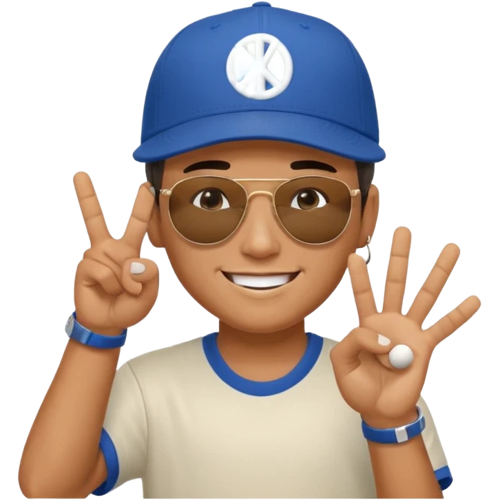Cool hip guy with NY baseball cap and sunglasses doing a peace sign with one of his hands emoji
