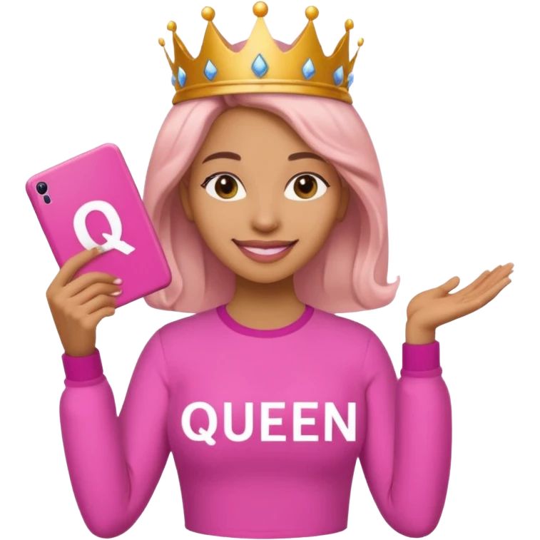 Crear una reina morena clara con ropa rosa sosteniendo la palabra Queen en sus manos emoji
