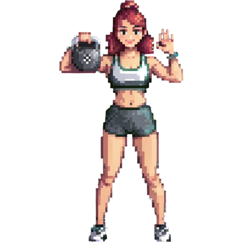 sport girl with kettlebell in one hand and waving hello with the other emoji