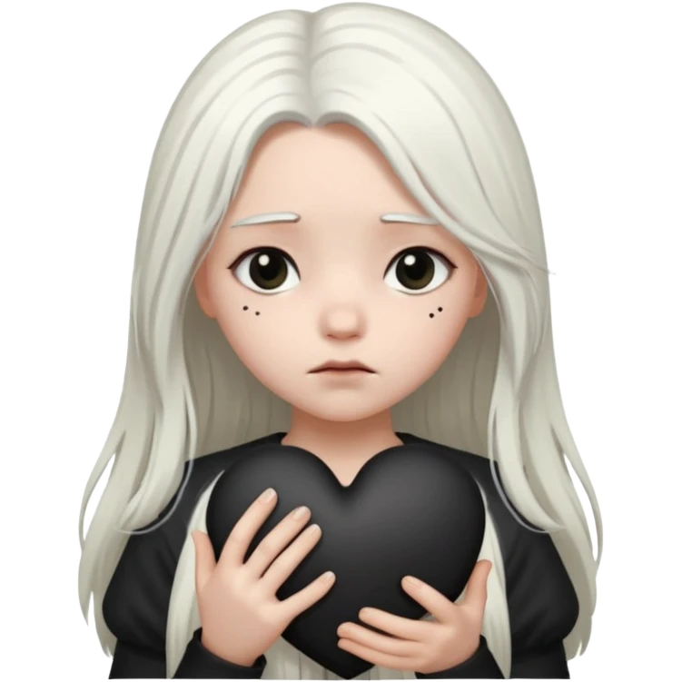 A girl with long white hair is sad and holds a black heart in her hands emoji