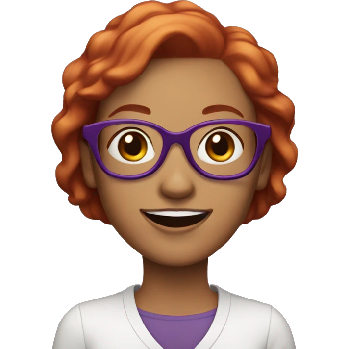Woman with short, red hair, very light skin, smiling with teeth visible, and wearing round purple glasses emoji