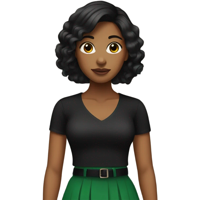 Brown girl with black hair with black shirt green skirt and black heels emoji