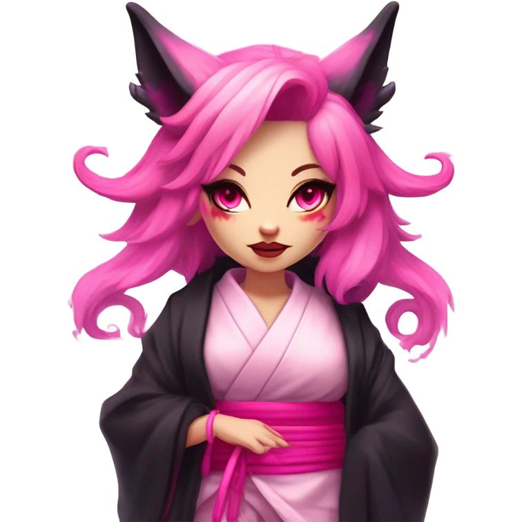 Full body female, succubus kitsune, neon pink eyes, vibrant pink hair, alabaster skin, fluffy black tails, pink tail tips, spiked choker, unique heritage, seductive charm, rebellious spirit, traditional kimonos, spiked anklets, and Barefoot 
 emoji