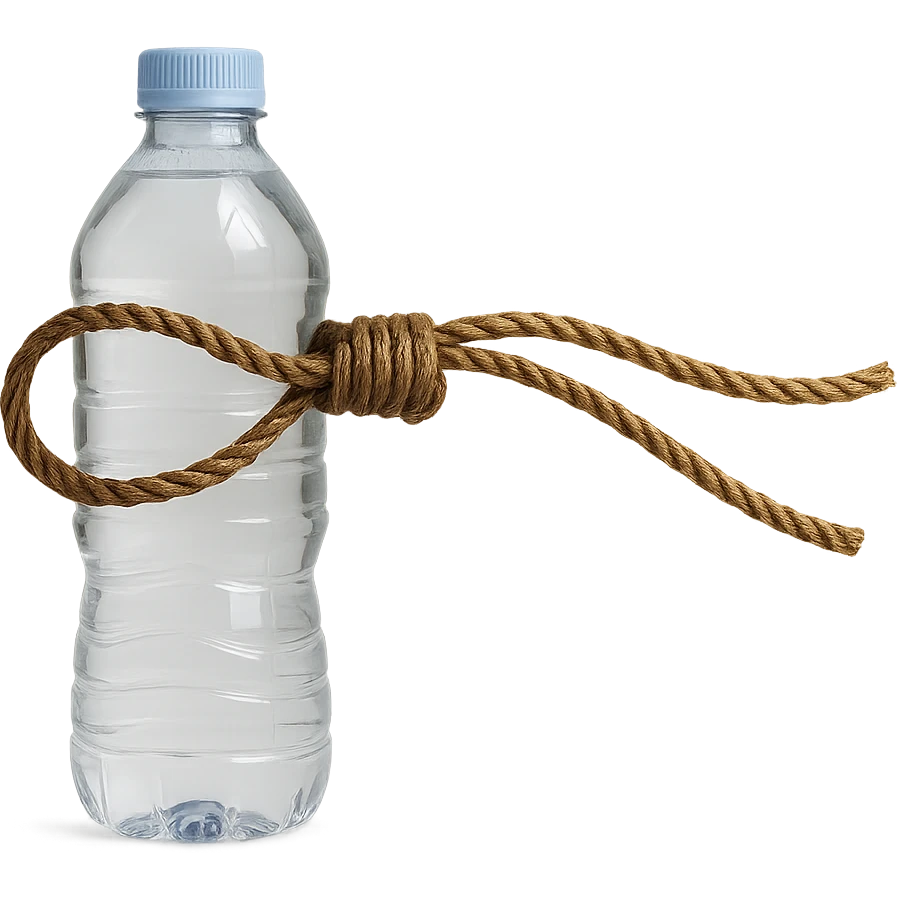 Edit the image to have a longer rope with a loop similar to the reference image, replacing the cheese with a realistic water bottle. The style should be realistic with natural details and no background. emoji